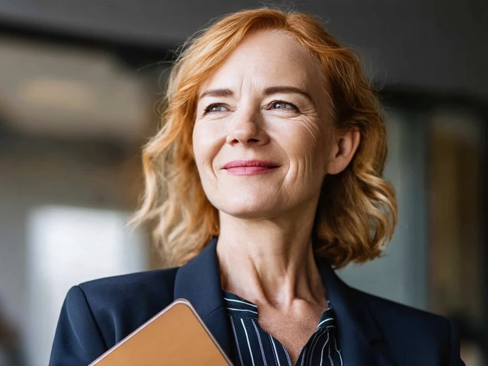A senior procurement leader holds a folder and weighs up the pitch in a bright office