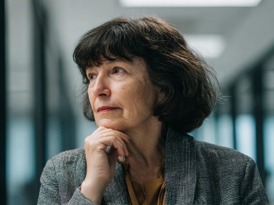 A senior technology leader listens thoughtfully, hand on chin, beside a data centre