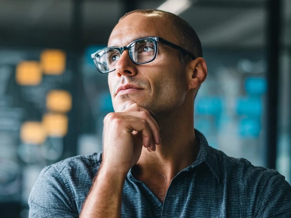 A data leader in glasses considers the question, chin in hand, in front of a planning wall
