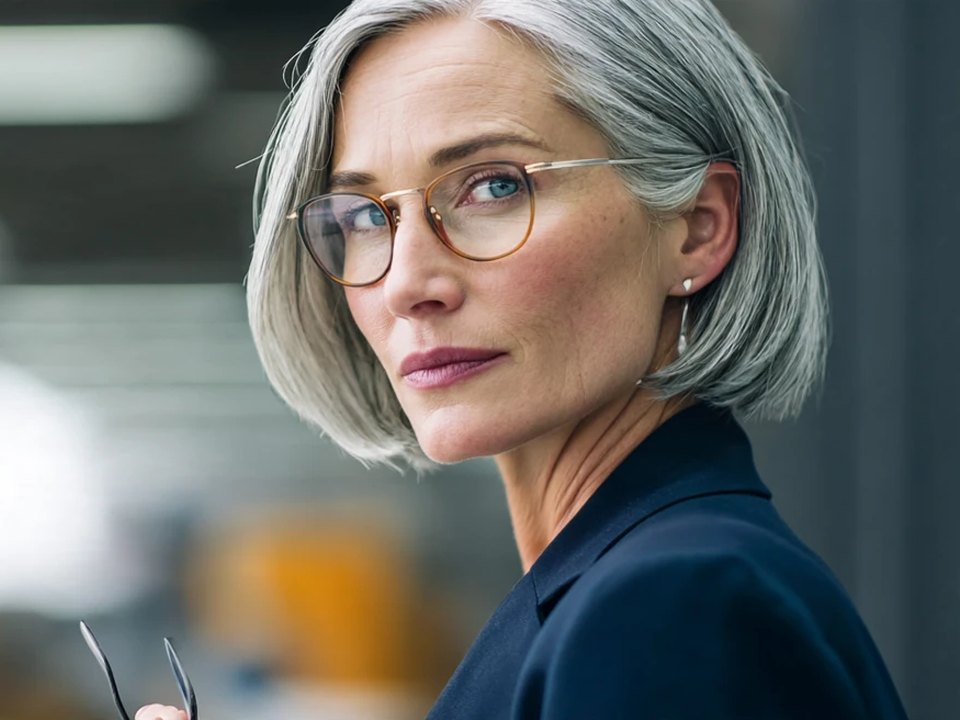 A finance director holding her reading glasses looks back, unconvinced, in a warehouse office