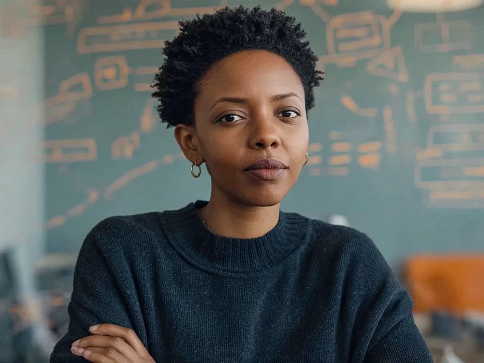 A technology leader listens, arms folded, in front of a glass wall covered in workflow sketches