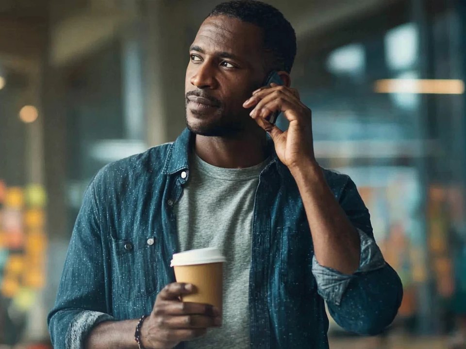 An operations leader takes a call, coffee in hand, in a busy creative studio